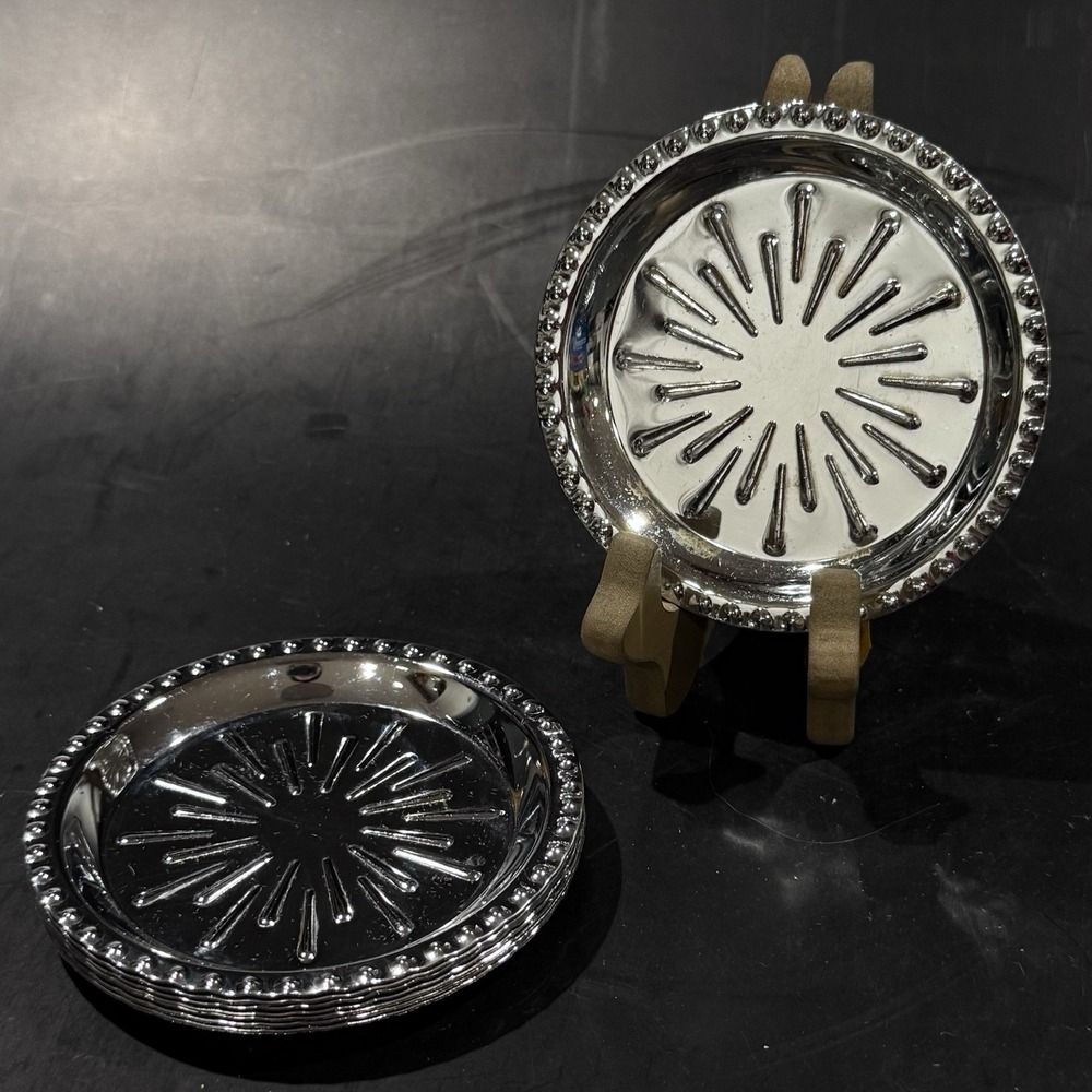 Vintage Irvinware 8pc Chrome Aluminum Drink‎ Coasters MCM Starburst Barware USA